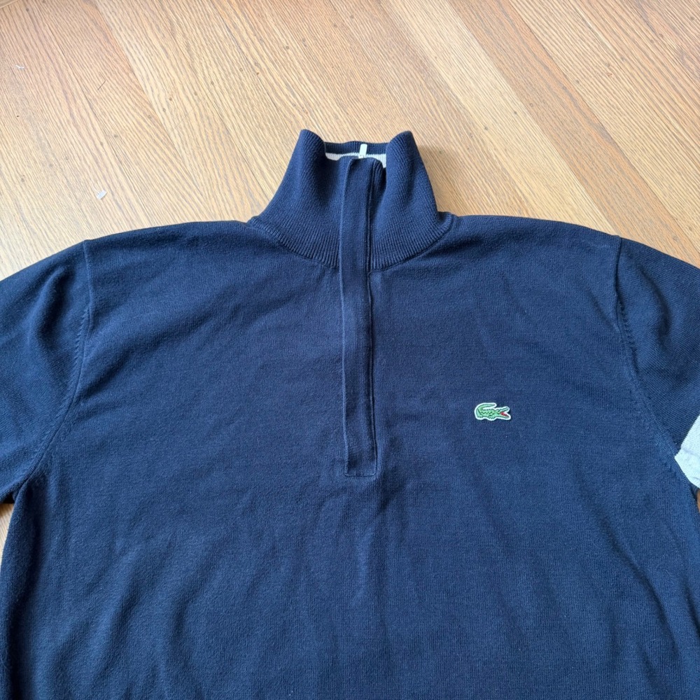 Lacoste Mens Navy Blue 100% Cotton Quarter Zip Stripe Sleeve Sweater Size xl 6 L - Picture 3 of 6